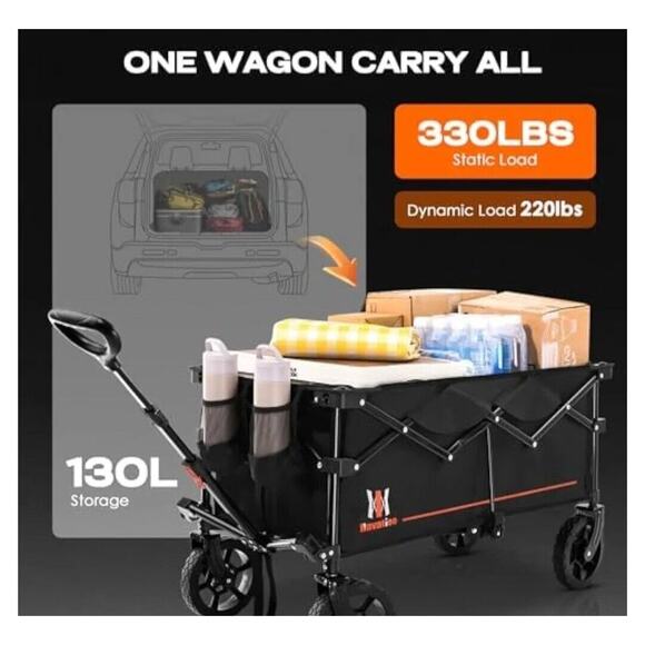 New Collapsible Folding Wagon, 2 Drink Holders; All Terrain Wheels Utility Cart - Picture 2 of 6